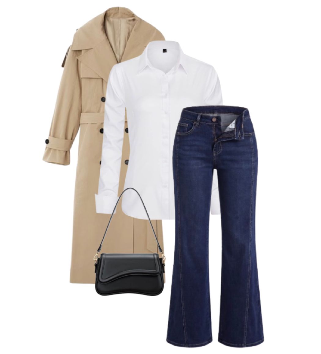 The trench, white shirt, denim and black purse laid out together
