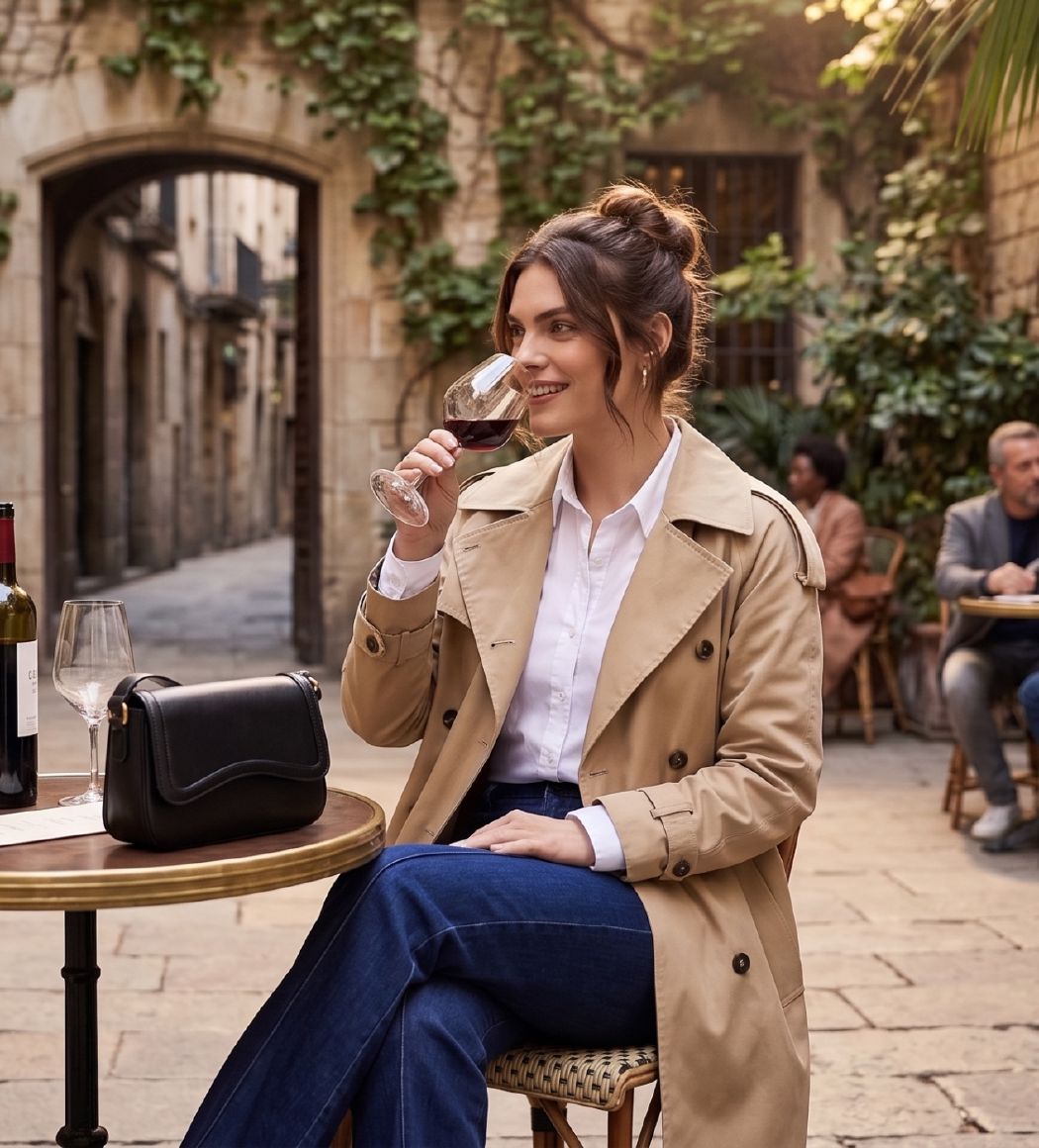 The trench over a day look, seated in a cafe